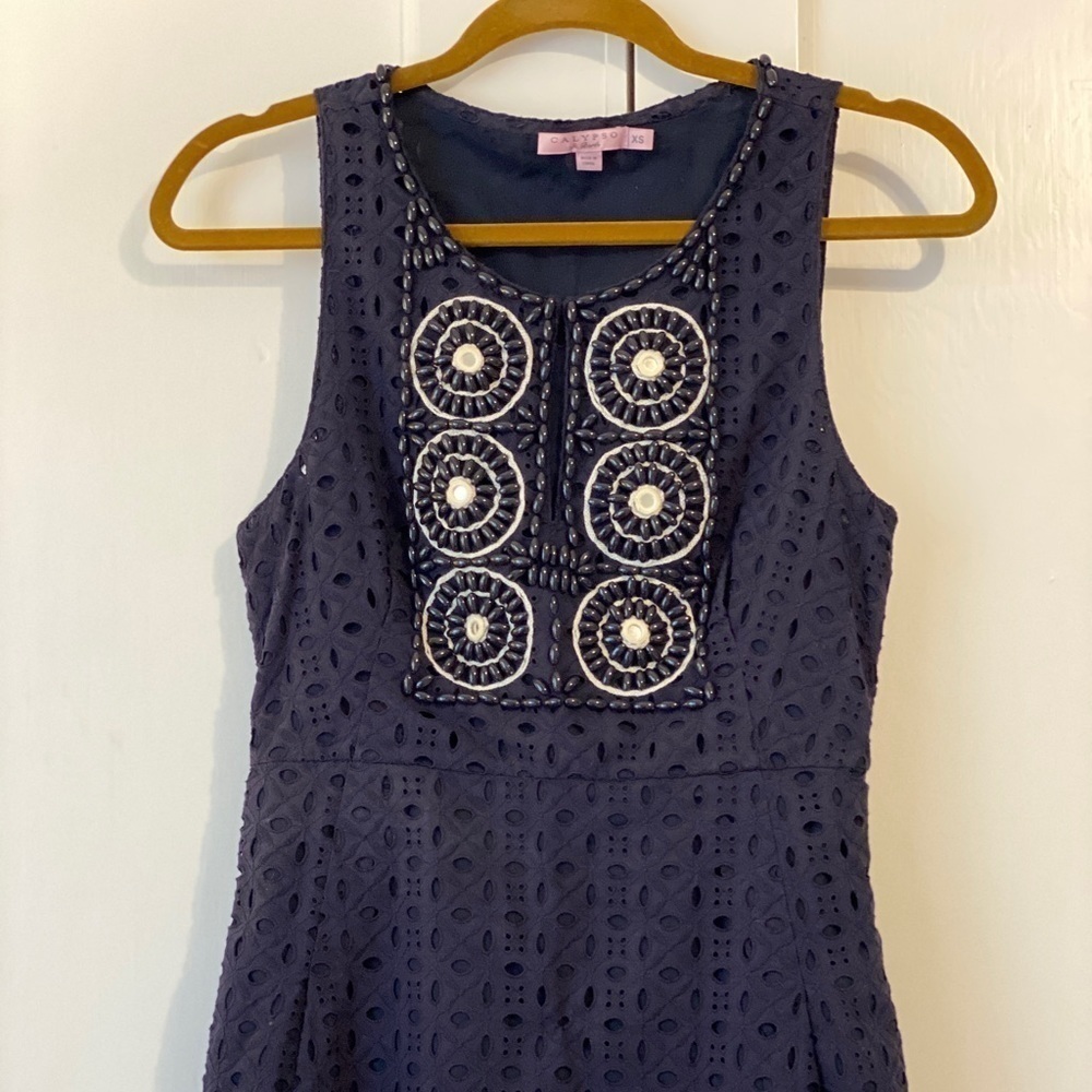 Calypso St. Barth Navy Lace Beaded Shift Dress - Picture 4 of 8